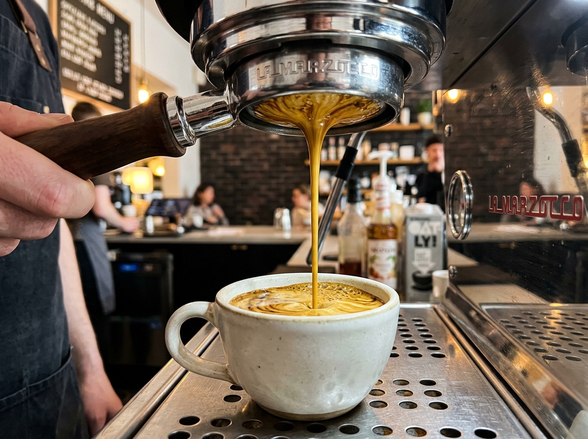 Bottomless portafilter espresso extraction showing tiger striping crema